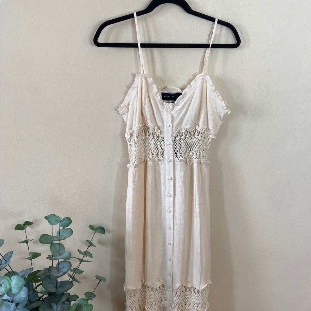 New Know One Cares Cream Boho Maxi Dress Crochet Lace Prairie Cottagecore Large - Picture 3 of 9